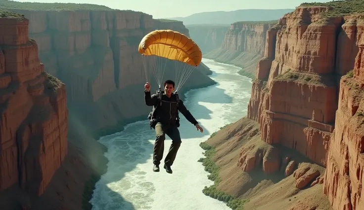 Tom Cruise falls into the river on a parachute with the Grand Canyon in the background
