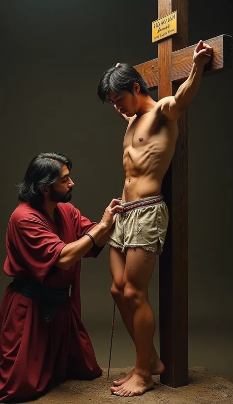 Realistic photography of Jesus bow nailing the foot of handsome muscular Catholic Thailand young actor Ohm Pawat who are crucified on the cross crucifixion during the Good Friday in Japan. The handsome youngest Japanese army has wounds and bruises on his b...