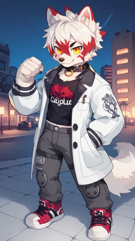 Lobo,furry, masculine.  anthropomorphic,well designed,kemono, drawing image,  cartoon art style,white body, white fur Husky coat ,big body,  ears with red tips ,furry tail,attractive face,  tattoo on face ,hair to the side,Mohican,Lycaon hair , normal gold...