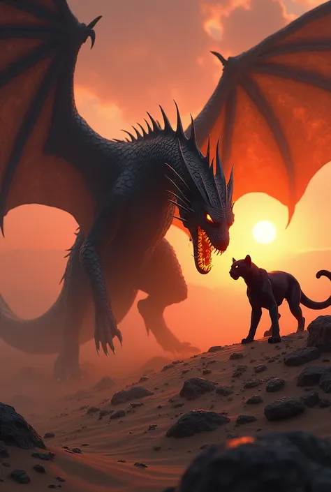 In a windswept desert under a crimson sunset, a massive dragon faces off against a sleek, black panther. The dragon, with obsidian-black scales that glint in the fading light, stands on the left, its massive wings outstretched, casting a dark shadow over t...