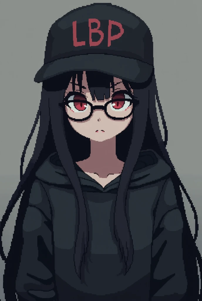 With pixel art . I want a quiet anime girl with dark black hair up to her back . her eyes are red . wearing black glasses . and a dark black hoodie wearing a hat with three letters written on it, namely LBP.    Pixel art 