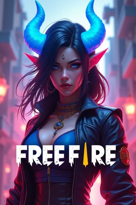 Create an image for TikTok , about a female character from the game Free Fire with little blue horns and that says Free Fire at the bottom