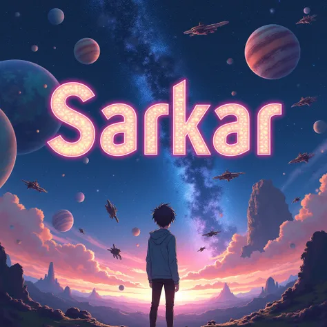 Create a realistic image of anime where a main character (male) looking at sky full of planet and stars, there are many ships. The name "SARKAR". Written on his back. The name font is big and in matching colour of hair and glowing effects. Also the name "S...