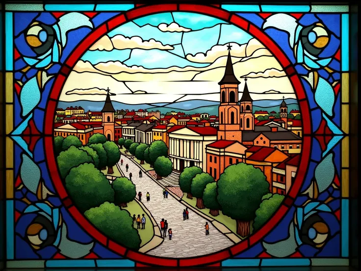 Stained glass window with an image of the city of Grodno, its streets and attractions. Without people and detailed drawings. In the style of glass fittings of artistic graphics.