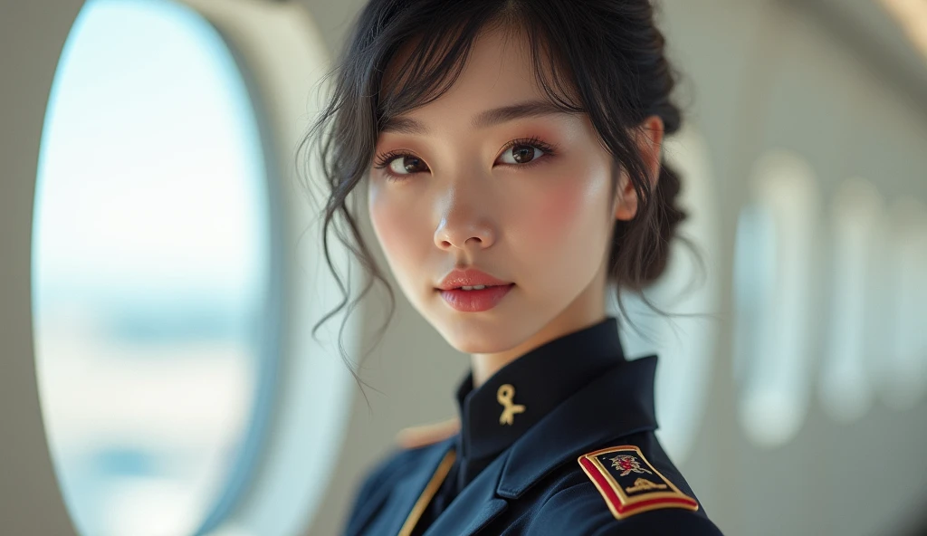 HD, retina, accurate, masterpiece, anatomically correct, textured skin, super detail, high details, award winning, best quality, highres, realistic, hot Asian girl, flight attendant