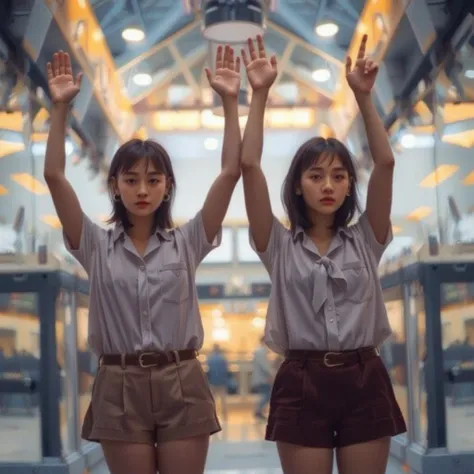 Two 14-year-old girls wearing sleeveless shirts with ties and shorts are standing in a hall with both of their arms raised straight above their heads as a punishment, bright background, masterpiece, best quality, super detailed, high resolution, very detai...