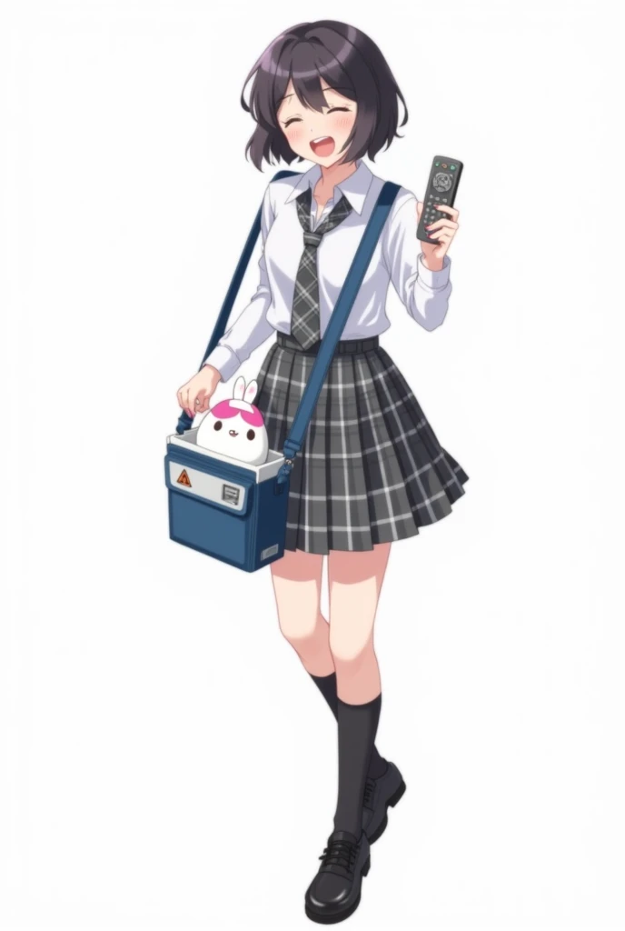 Teenage woman with black and short hair and with white anime watch and pink nails with white long-sleeved shirt and plaid Scottish tie in dark gray and white and pleated plaid skirt in combination of dark gray and white colors, following a uniform pattern ...