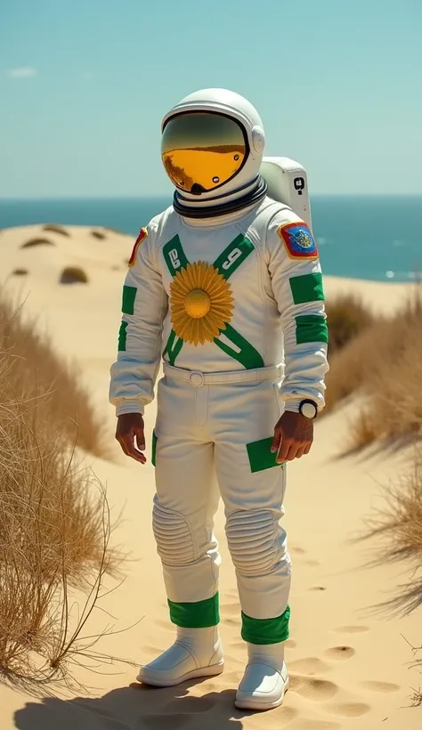 Genipabu Dunes, Rio Grande do Norte
“Astronaut standing in the Genipabu Dunes, surrounded by mounds of golden sand and sparse vegetation, with the blue sea in the background. The costume is white with green and gold details, inspired by the flag of Rio Gra...