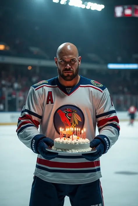 Bald man with average weight in ice hockey outfit with birthday cake