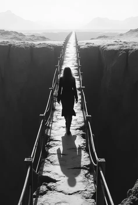 Create a black and white storyboard as a woman walks across a narrow bridge, walking towards the camera for a long shot angle.