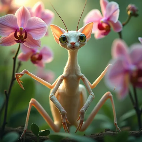 A full-length portrait of A surreal and enchanting image of a live cat fused with the features of an Orchid Mantis. The cat’s body is delicate, with petal-like limbs in soft shades of pink, white, and green, resembling the elegance of the Orchid Mantis. It...