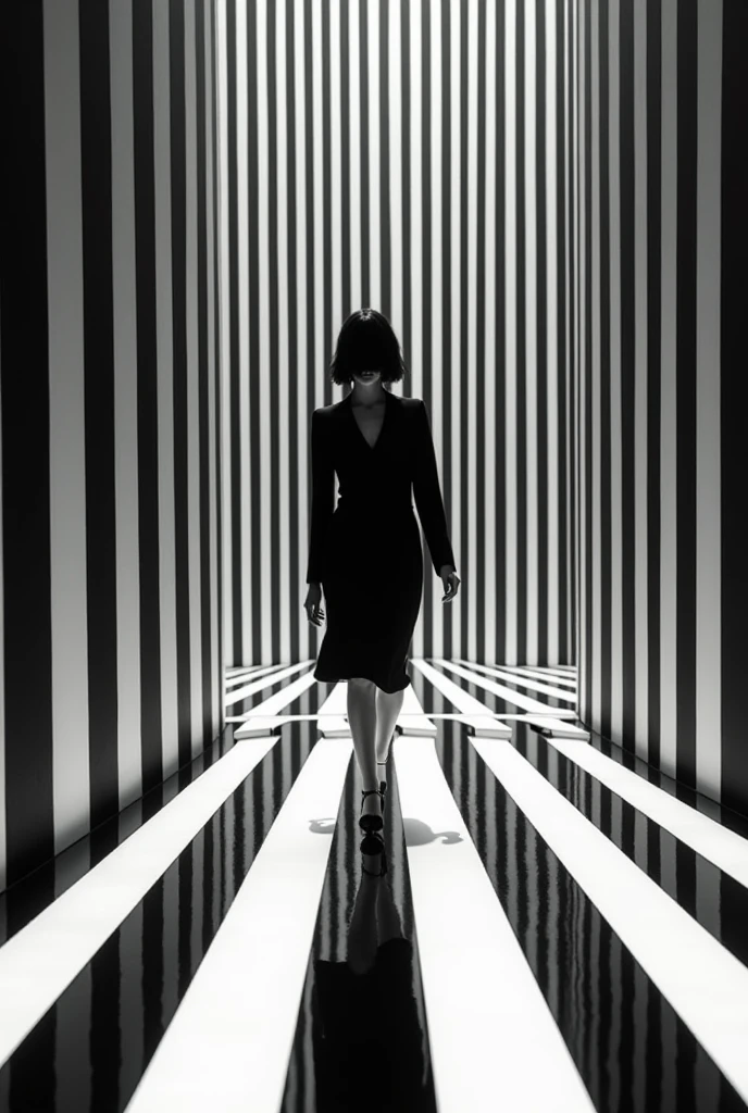 Create a picture of black and white stripes. A woman is walking on a float, approaching.