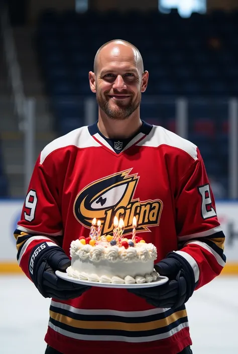 Bald man with average weight and no beard in ice hockey outfit with birthday cake