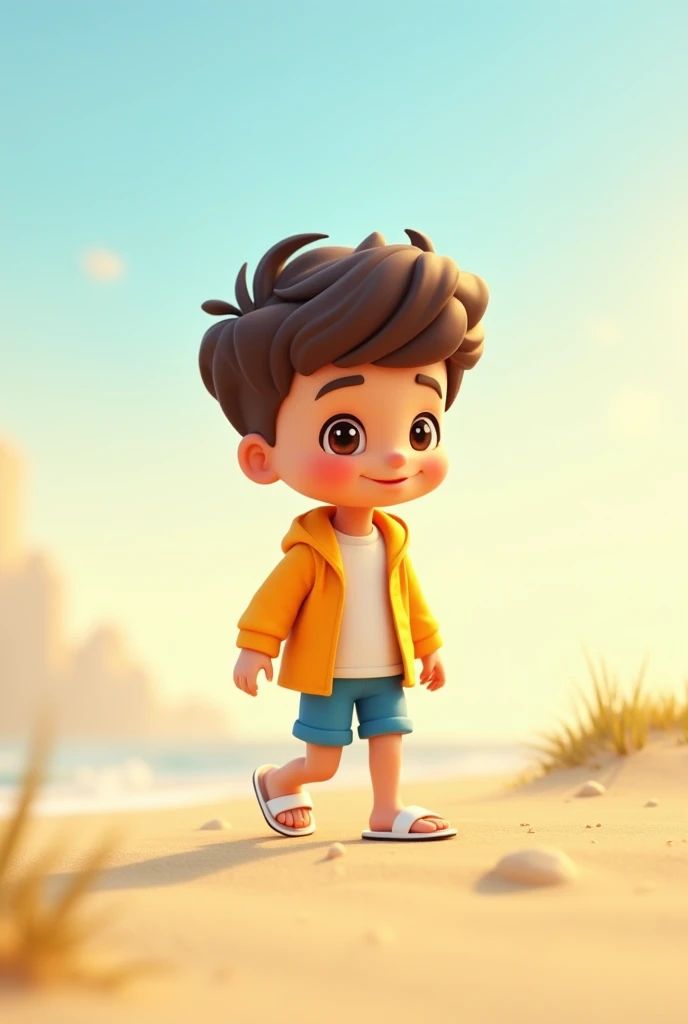 A cute   boy with yellow jacket and white slide in sand
3d pixa