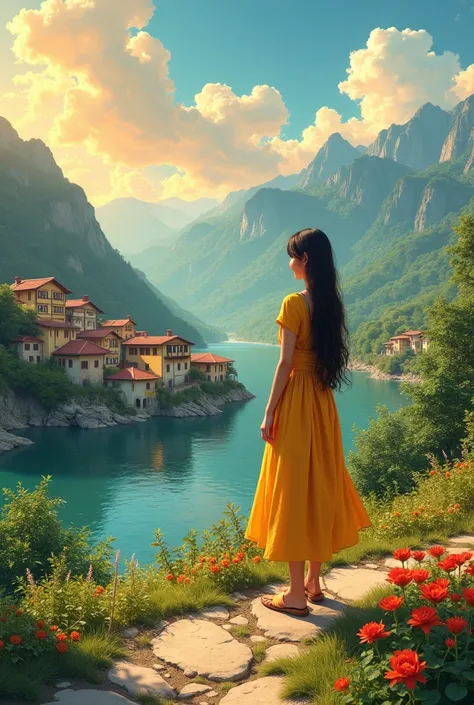 a girl who wear a sharee and that color is yellow , stand at top of the mountain.a small village by the river, mountains in the background, floral flowers colorful, detailed landscape, Beautiful natural landscapes, atmospheric lighting, scorching sunset, w...