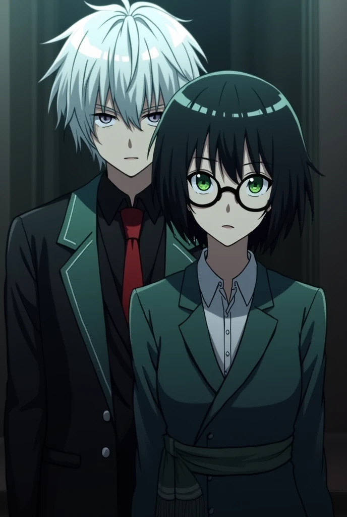 Tokyo Ghoul Kaneki has white hair with a touka she is wearing glasses and has green eyes they are in front of the photo not on the side only she has green eyes his is normal black hair up to her chin and without bangs and sashes thats one more 
