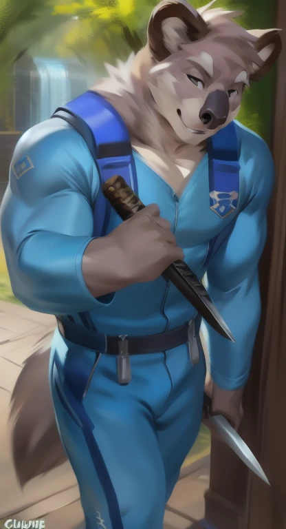     alone    , Male tall   , อยู่บนถนน Holding a Ninja Sword, koala ,     blue military spacesuit, Overload  ,    Binding muscles  , quiet , by chunie    