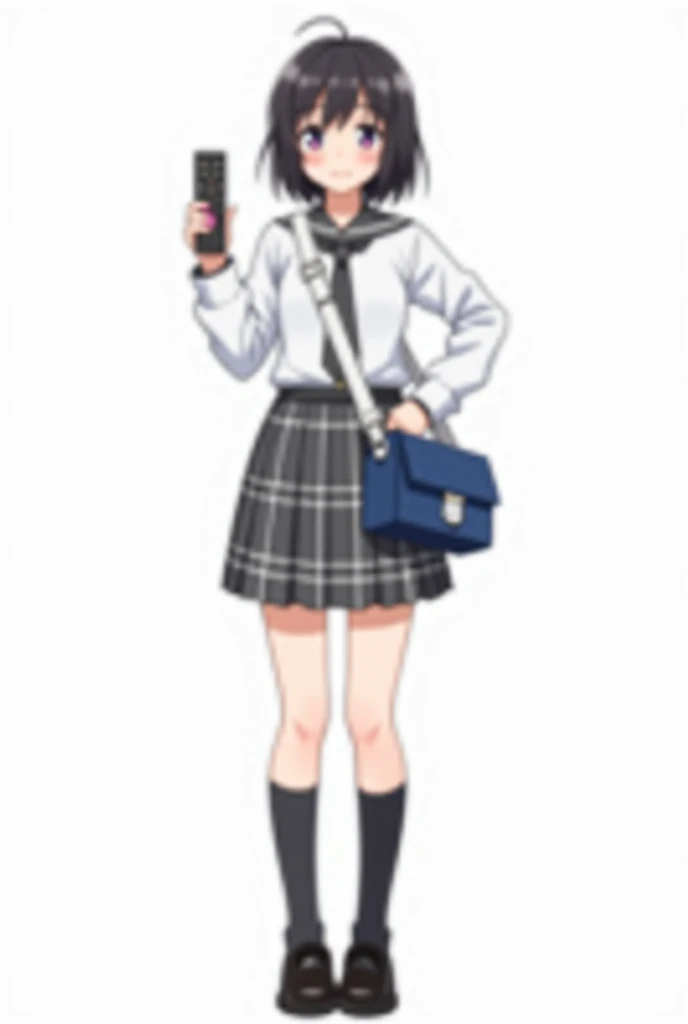 Teenage woman with black and short hair and with white anime watch and pink nails with white long-sleeved shirt and plaid Scottish tie in dark gray and white and pleated plaid skirt in combination of dark gray and white colors, following a uniform pattern ...