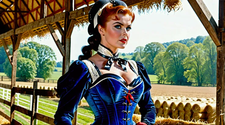 Ann-Margret, An English farm woman around 25 years old, wearing a low cut blue velvet corset, black leather pants, very large breasts, very large cleavage, high heel boots, She has the appearance of a dressage rider. The setting is in an english hay barn, ...