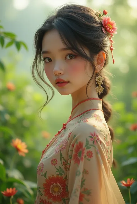 A beautiful Vietnamese country girl from the Mekong Delta, known for her large eyes, delicate lips, and graceful figure in a traditional ao dai. She stands at 1m50.