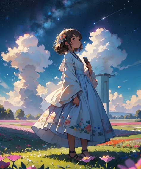  and stands in a field of flowers and looks up at the sky, owl，Standing in a flower field少女, A girl walks through a field of flowers , There is a girl who wanders into a dreamy wonderland , Standing in a flower field,  dreamy digital paint , The sky is slo...