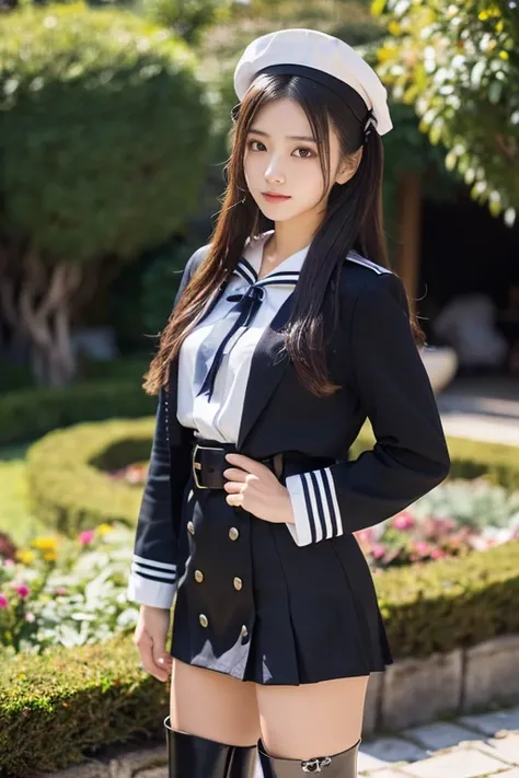 Japanese women who look like idols , long hair ,  straight hair, Round face , bust up ,  sailor suit  ,  as in the picture  , (8k、 RAW photo、  best quality 、  Masterpiece :1.2)、(Realistic、Realistic)、 1 girl、((suit、 black mini skirt、 boots、garden、 Front Vie...