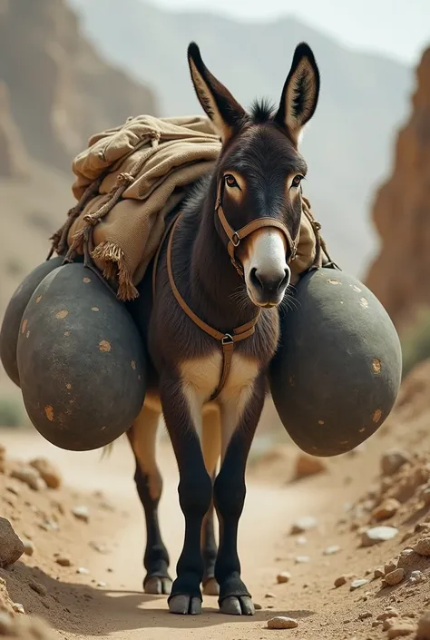 A dusty Afghan donkey with a traditional mat on its back for sitting ,  on its sides hung large, dark black, rounded stones as a load