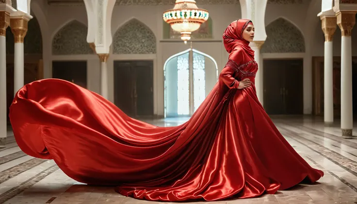 A woman shrouded in a 10-meter-long, plush red satin shimmer cloth, ballon sleeves, tightly bound and grandly draping along the form of her body, flowing off into a pooled floor-length train, styled in a mermaid-inspired outfit, poof style in bottom dress,...