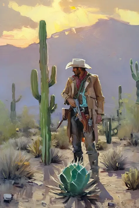 bichu,oil painting,masterpiece,cinematic scene,foggy atmosphere,painterly rendering,extremely detailed elements,photorealistic style,cinematic lighting,high resolution,depth of field, sunset, sun in background, a cowboy standing with guns in his hands, ser...