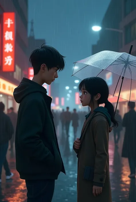  The background was full of haze and sadness of a rainy night in the city {x} 3D animation style street scene where they broke up on a rainy night

Zhang Ling and Ye Wan stand under the dim street light， Zhang Ling was wearing a dark jacket ，His face was f...