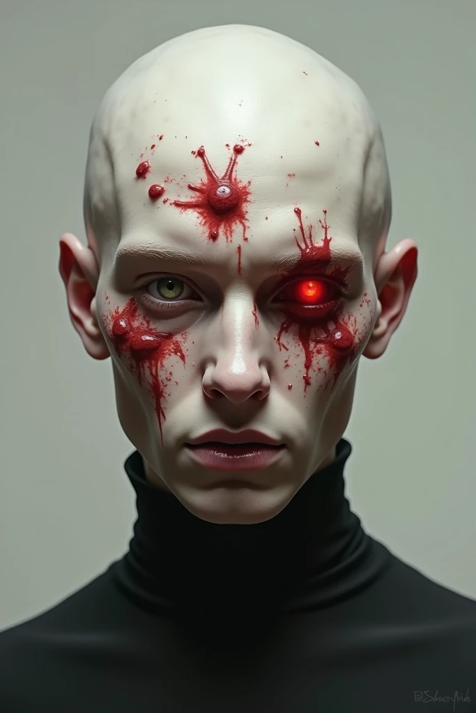 Pale ,  bald person with red spots on the face