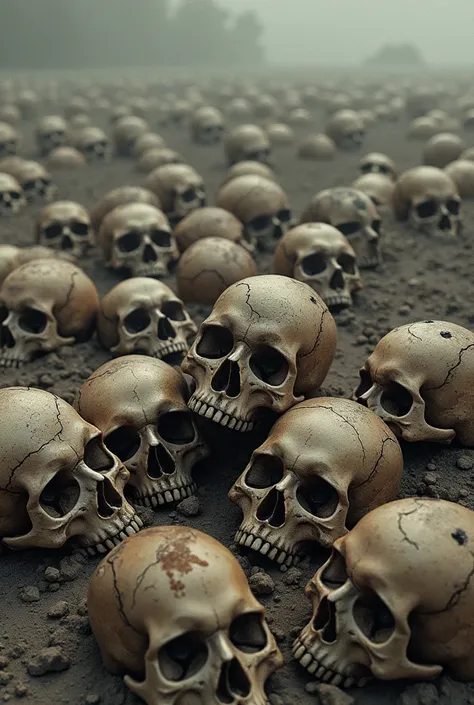 Many skulls are thrown on the ground 