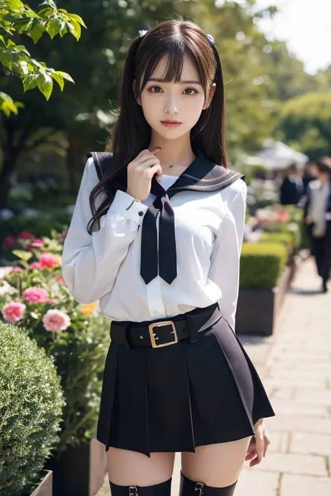 Japanese women who look like idols , long hair ,  straight hair, Round face , bust up ,  sailor suit  ,  as in the picture  , (8k、 RAW photo、  best quality 、  Masterpiece :1.2)、(Realistic、Realistic)、 1 girl、((suit、 black mini skirt、 boots、garden、 Front Vie...