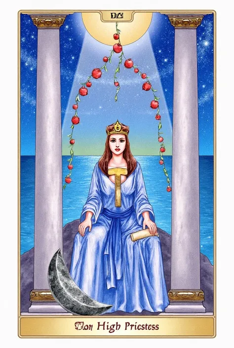 A watercolor painting of The High Priestess tarot card. The figure is a serene, mysterious woman sitting between two grand pillars, symbolizing duality and balance. She is wearing a flowing blue and white robe with a silver crescent moon at her feet, repre...