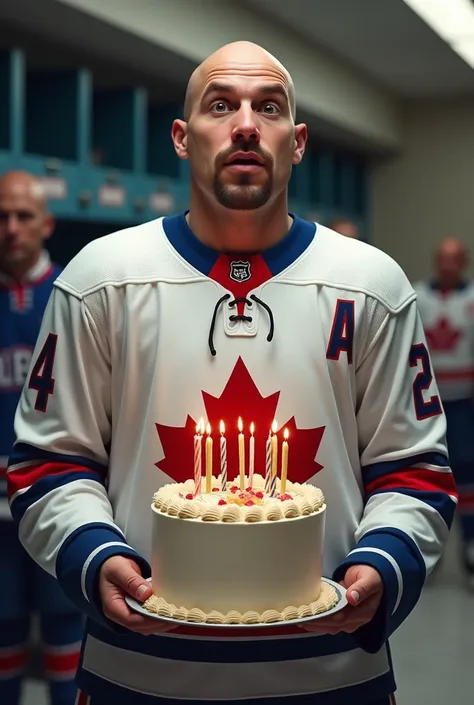 (photorealism) Bald man with average weight and no facial hair at all, in ice hockey outfit with birthday cake