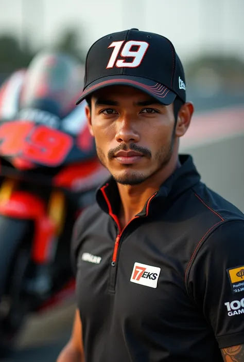 27 year old handsome Indonesian man wearing basketball cap number 19." And WSBK racing motorbike in the background of sports motorbike 