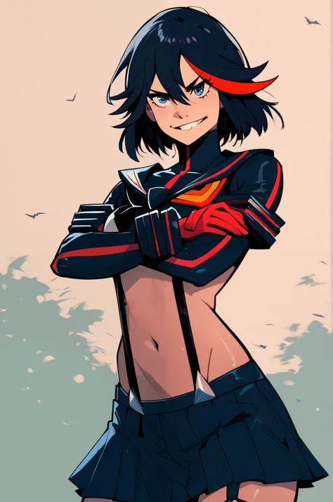 score_9, score_8_up, score_7_up, score_6_up, score_5_up, score_4_up, by sinozick, highly detailed, 4k. matoi_ryuuko, kill_la_kill, 1girl, black_hair, blue_eyes, standing, solo, crossed arms, smirk, exposed navel