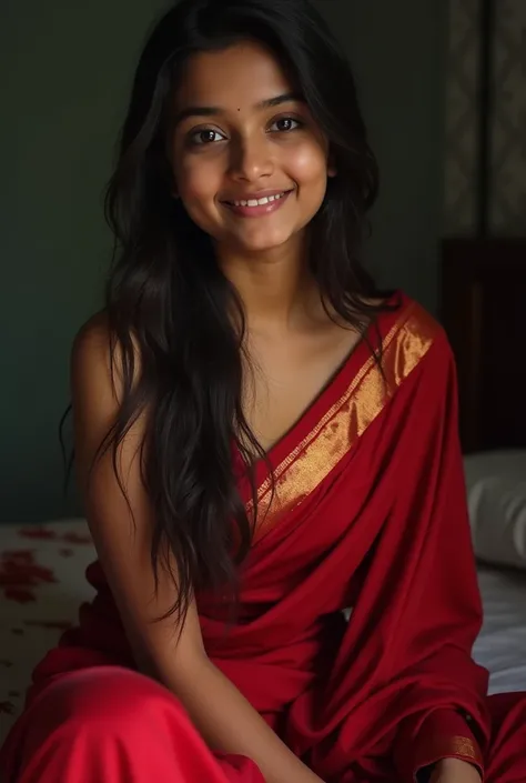 a bangladeshi beautiful cute happy young sexy fourteen years old teen girl,bust,perky little breasts,wearing shiney rich red indian saree,blouse,breast clinged to fabric,,sitting on bed,home,dim environment,looking at viewer closely,horny look,bending down...