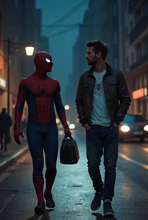 "While walking with the bag, Spider-Man sees Messi long distanceat night street Messi weard white tshirt under jacket and pants