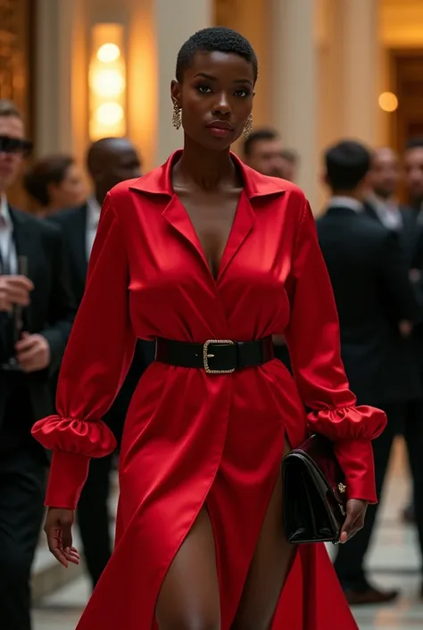 A curvaceous Black woman in a bold red satin shirt dress with exaggerated cuffs and a thigh-high slit, cinched at the waist with a black leather belt. She pairs it with pointed-toe heels and a sleek clutch, her hair in a chic pixie cut as she attends a coc...