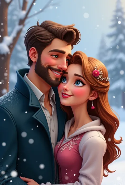 A couple in miniature Disney style, the man with the beard ,  the woman with long, straight hair,  with a background of snow and love 