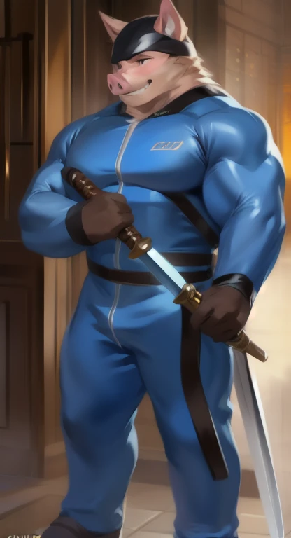     alone    , Male tall   ,huge body,​อยู่บนถนน Holding a Ninja Sword, pig,     blue military spacesuit, Overload  ,    Binding muscles  , quiet , by chunie    