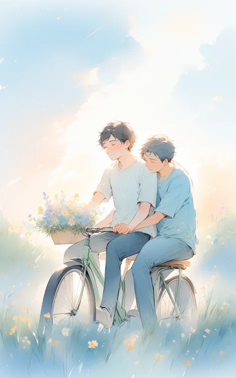 Two seater on a bicycle
Prompt:
"A playful watercolor-style illustration of two boys riding a single bicycle down a quiet country road. One of them is pedaling while the other sits on the back, wrapping his arms around the other’s waist. The scene is frame...