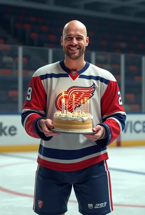 (photorealism) happy Bald man with average weight and no facial hair at all, in ice hockey outfit with birthday cake