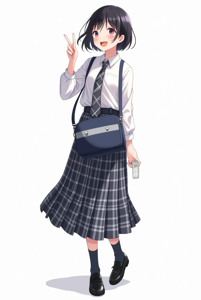 Teenage woman with black and short hair and with white anime watch and pink nails with white long-sleeved shirt and plaid Scottish tie in dark gray and white and pleated plaid skirt in combination of dark gray and white colors, following a uniform pattern ...