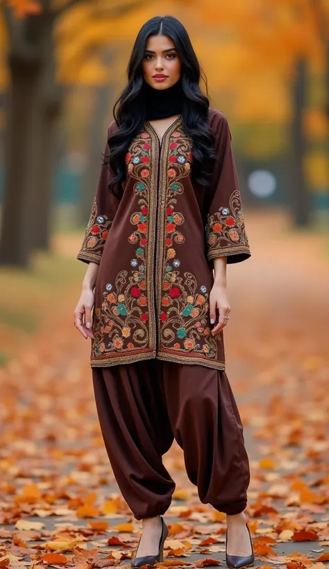 A photo of a woman with dark hair and fair skin. She is wearing a dark brown shimmer satin foil short kurti, mulitcolor stone mirror floral design pattern,the short kurti feature three quarter sleeves and exaggerated puffy shoulder and wear a hijab, dhoti ...