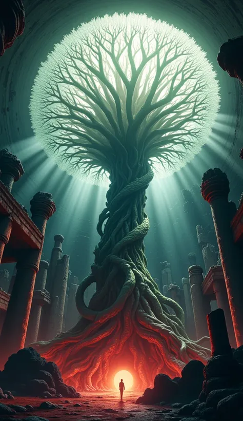 masterpiece, fantasy world, underground, colossal white blooming flower resembling Yggdrasil, its branches and petals spread widely in all directions, covering and intertwining with ancient ruined city structures, the twisted vines and roots of the flower ...