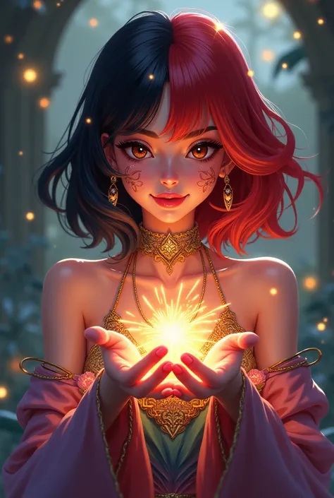 İn Arcane universe, half red - half black hair (not short) brown eyes skinny lady with magic in her hands. Do it like cartoon and she has sparkling aura and she is smiling. She has red lips and passion in her eyes. Her clothes are like rainbow colors, she ...