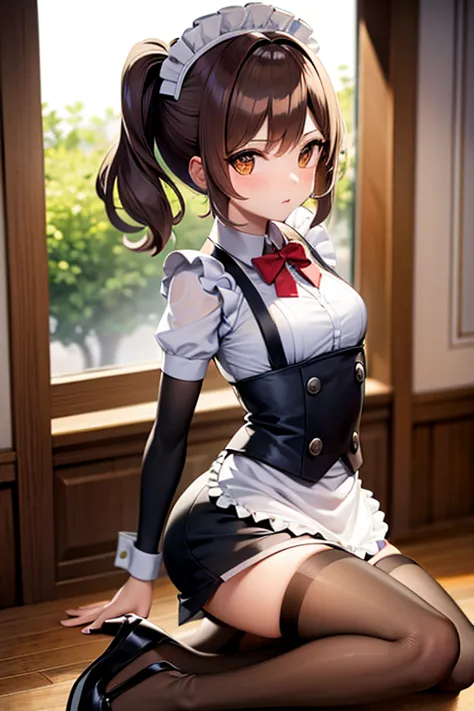 maid outfit, brown eyes, stockings, heels, busty, small waist, thighs