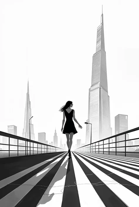 Create a black and white striped storyboard with a woman in a dress, facing the camera wearing black glasses, walking on a floating bridge to find a camera with a skyscraper behind it.